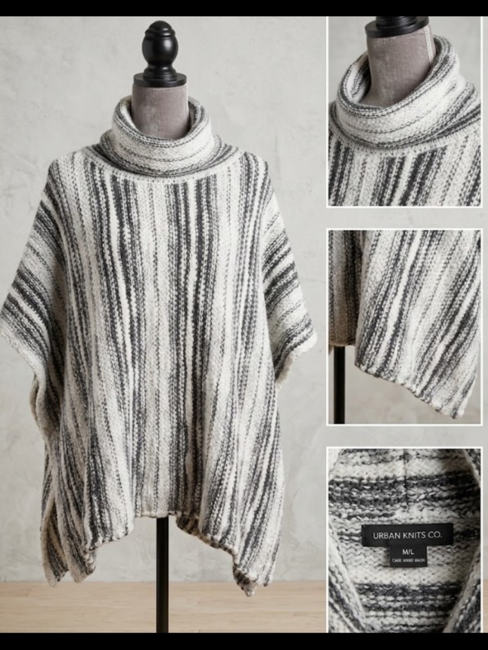 Sarah Pacini Wool/Alpaca Blend Grey White Turtleneck Poncho (Free Size) Luxury